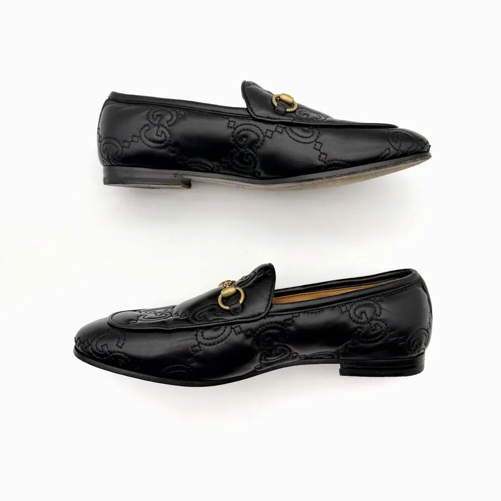 GUCCI Black Embossed Jumbo GG Leather Horsebit Jordaan Loafer Size 38 Flat